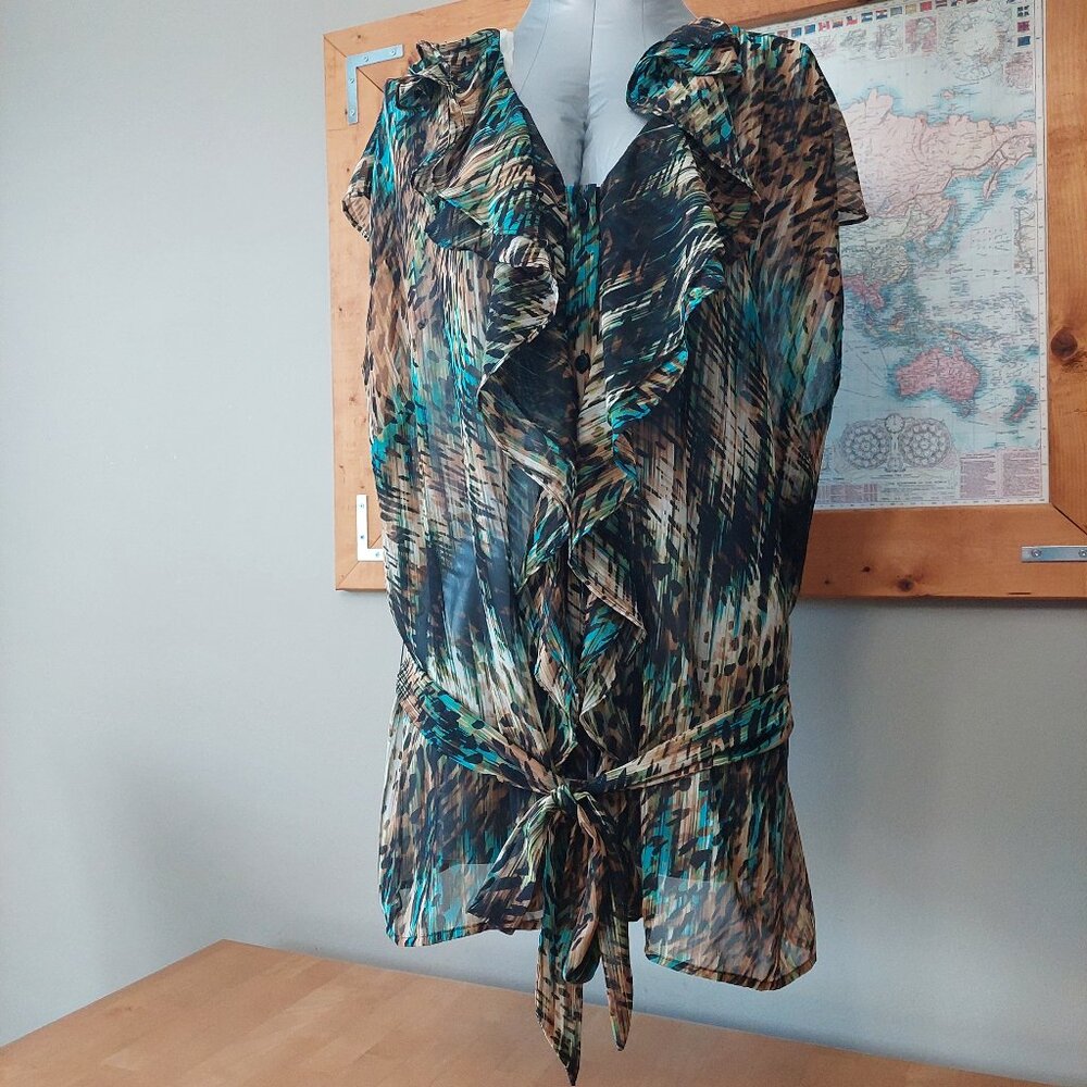 Worthington Women's Plus Size Sheer Sleeveless top front ruffle detail Size 2X